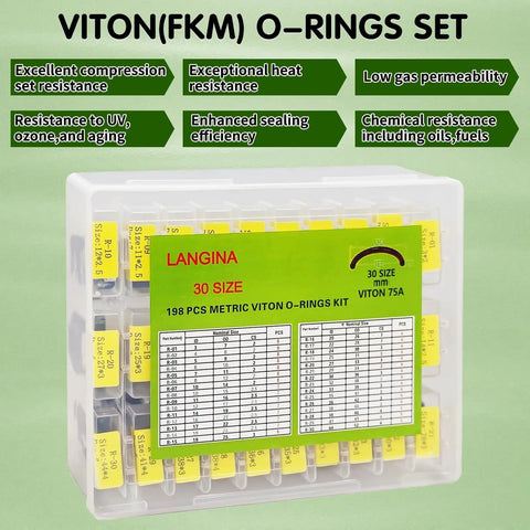 198 Piece Viton O Ring Kit With 30 Metric Sizes Fluorocarbon FKM O Rings Set Brown 75A Shore in labeled box on green background
