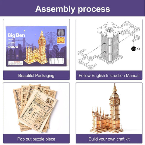 3D Wooden Puzzle Of Big Ben For Adults A Hands On Model Kit That Brings London Landmarks To Life Totally Epic Gift For Puzzle Nerds 14 Plus Hobby Builders, laser-cut wood parts and assembled Big Ben model