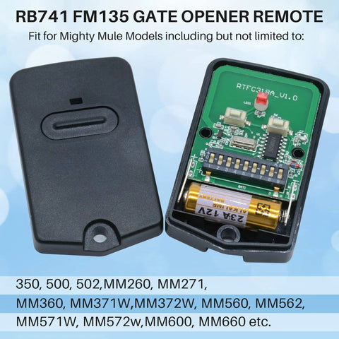 Open 318MHz gate opener remote showing 9 DIP switches and battery, compatible with Mighty Mule systems. Model RB741 FM135.