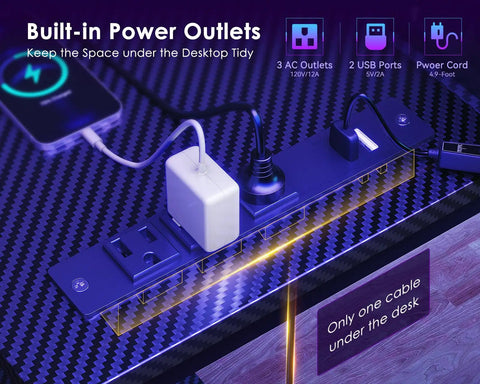 Close-up of built-in power outlets on 48 Inch Gaming Desk With USB Charging Ports And LED Lights, Reversible L Shaped Corner Desk.