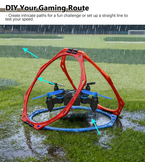 Octagon RC FPV Racing Training Set With PVC Drone Obstacle Course Gates showing drone flying through red and blue loop