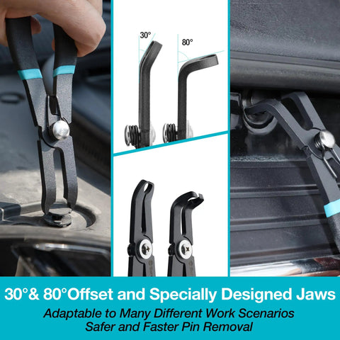 2 Piece Push Pin Pliers Set With Spring Loaded Jaws And 30 Degree And 80 Degree Offset Angles For Easy Trim Fastener Removal
