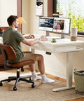 L Shaped Electric Standing Desk With Four Wooden Drawers 55 Inch Height Adjustable Corner Desk With Power Outlets Space Saving
