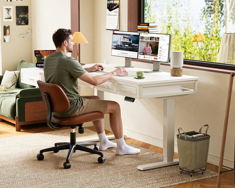 L Shaped Electric Standing Desk With Four Wooden Drawers 55 Inch Height Adjustable Corner Desk With Power Outlets Space Saving