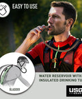 Person using Hydration Backpack 3L Water Bladder With Food Grade TPU, Leakproof Hose And Insulated Sipping Spout For Outdoors