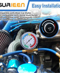 Diy Friendly AC Refrigerant Recharge Hose Kit With Gauge For R134A R22 R12 visible in car engine with gauge connected