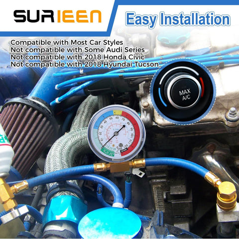 Diy Friendly AC Refrigerant Recharge Hose Kit With Gauge For R134A R22 R12 visible in car engine with gauge connected