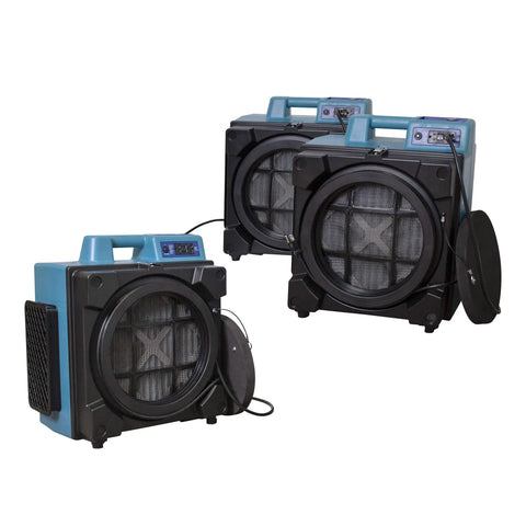 Heavy Duty Air Scrubber Slings Seven Five Zero Cfm Negative Air Through Triple HEPA Filters, showing three machines with blue casing.