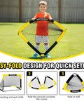 Child holding 4x3 ft soccer goal from Kid Soccer Goal Set With Pop Up Nets, Targets, Cones And Ball, 4x3 Ft Portable Indoor Outdoor Soccer Training Kit For Ages 3-16