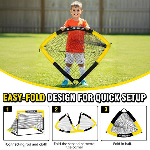 Child holding 4x3 ft soccer goal from Kid Soccer Goal Set With Pop Up Nets, Targets, Cones And Ball, 4x3 Ft Portable Indoor Outdoor Soccer Training Kit For Ages 3-16