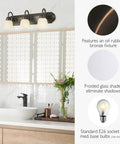 Three Light Dimmable Vanity Light In Oil Rubbed Bronze With Frosted Glass Shades, 24 Inch Wide in a modern bathroom setup.