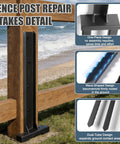 4 Pack Heavy Duty Fence Post Repair Kit With Wavy Design Steel Anchors installed on wooden fence near beach