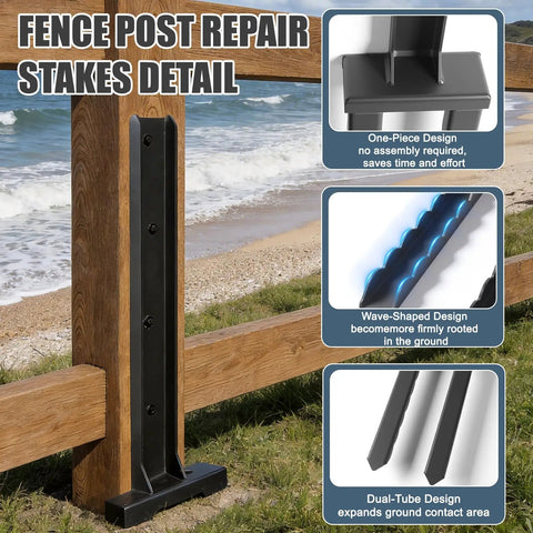 4 Pack Heavy Duty Fence Post Repair Kit With Wavy Design Steel Anchors installed on wooden fence near beach