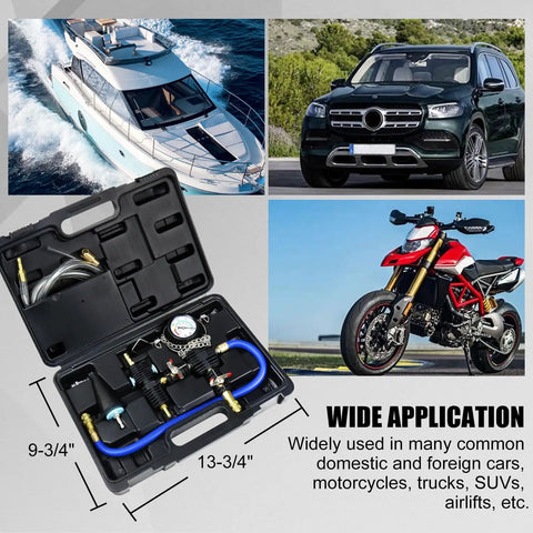 Hella Tough Coolant Vacuum Refill Kit For Rigs And Rides Heavy Duty Radiator showing toolset with gauge, hoses, and case dimensions.