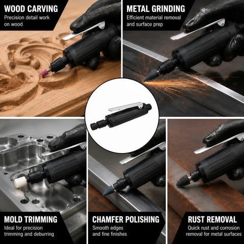 Badass Pneumatic Air Die Grinder Spins At 25000 Rpm with attachments for wood carving, metal grinding, rust removal, and polishing.