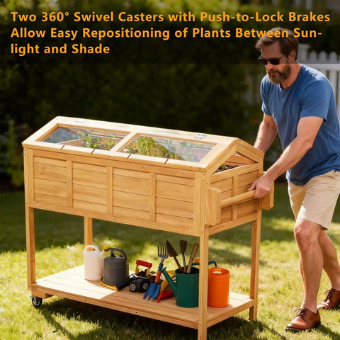 Ergonomic Elevated Garden Bed On Wheels With Cover And Storage Shelf in use on grass, showcasing size and seed starter tray.