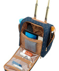 Open navy 15-inch underseat bag from Queensbury 4 Piece Luggage Set Navy Expandable Spinner Suitcases With Lightweight Aluminum Handles