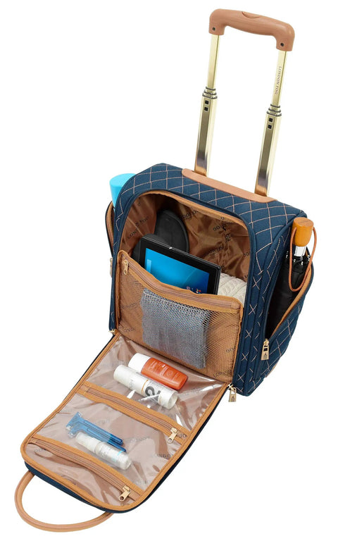 Open navy 15-inch underseat bag from Queensbury 4 Piece Luggage Set Navy Expandable Spinner Suitcases With Lightweight Aluminum Handles