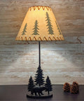 Two Piece Rustic Cabin Table Lamp Set With Cast Iron Bear And Forest Scene, Pine Tree Details, 24.5 Inch Tall Lamp, 14 Inch Shade Included