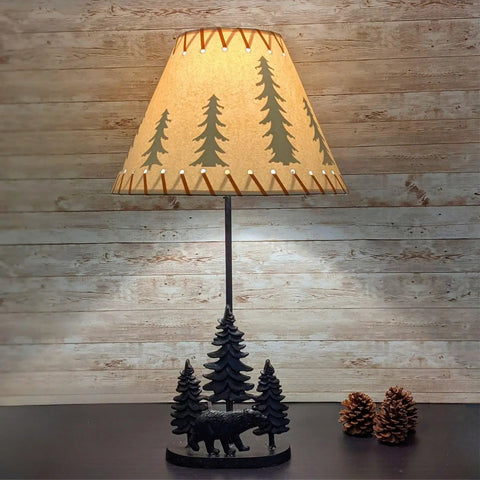 Two Piece Rustic Cabin Table Lamp Set With Cast Iron Bear And Forest Scene, Pine Tree Details, 24.5 Inch Tall Lamp, 14 Inch Shade Included