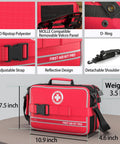 Front view of red 600D Ripstop Polyester Amazon First Aid Kit Pro with shoulder strap; 7.5 x 10.9 x 4.6 in, 3.5 lb
