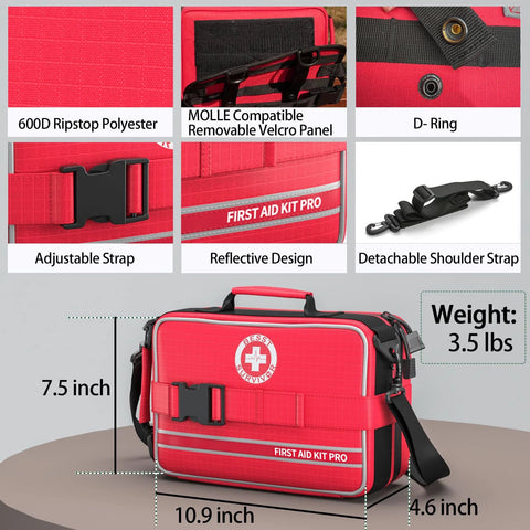 Front view of red 600D Ripstop Polyester Amazon First Aid Kit Pro with shoulder strap; 7.5 x 10.9 x 4.6 in, 3.5 lb