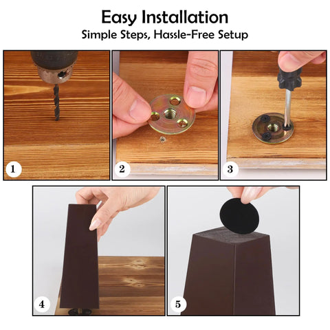 Steps to install Brown 6 Inch Square Solid Wood Furniture Legs Set Of 16 Replacement Feet with screws and felt pads.