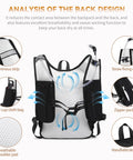 Back view of lightweight hydration backpack with 2L or 3L water bladder, breathable back panel, straw fixing clip, and zipper pocket