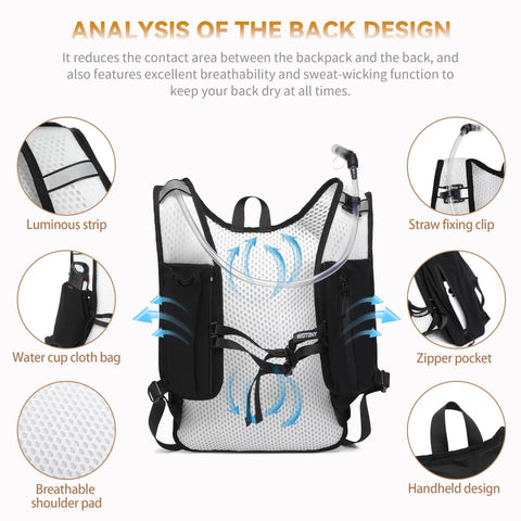 Back view of lightweight hydration backpack with 2L or 3L water bladder, breathable back panel, straw fixing clip, and zipper pocket