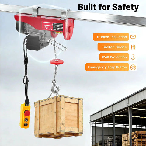 Built Like A Tank Electric Hoist Winch 220 Pound Capacity Portable Overhead Crane With Remote lifting a wooden crate.