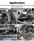 Collage showing 6AN Hose End Fitting Kit For CPE Braided Hose Aluminum 6061-T6 With Black Anodized Finish 9/16-18 UNF in automotive use