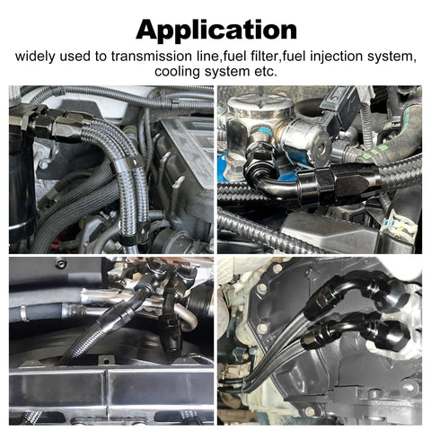 Collage showing 6AN Hose End Fitting Kit For CPE Braided Hose Aluminum 6061-T6 With Black Anodized Finish 9/16-18 UNF in automotive use