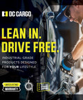 Person using DC Cargo ratchet tool on vehicle with text 'Lean In. Drive Free.' Limited lifetime warranty badge displayed.