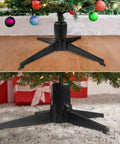 Christmas tree stand on wooden floor and carpet with colorful ornaments