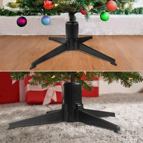 Christmas tree stand with black base and decorative ornaments, supports heavy-duty outdoor extension cord display.