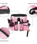 Adjustable Tool Belt With 2 Large Pouches, 10 Small Pockets And Hammer Loop in pink, showing waist strap, thicker belt and bottom.