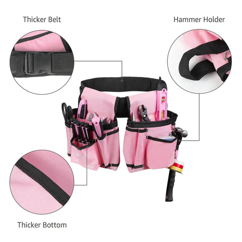 Adjustable Tool Belt With 2 Large Pouches, 10 Small Pockets And Hammer Loop in pink, showing waist strap, thicker belt and bottom.