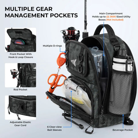 BaitSpace Standard Fishing Tackle Sling Bag with pockets, rod holder, beverage space, adjustable straps, shown with gear inside.