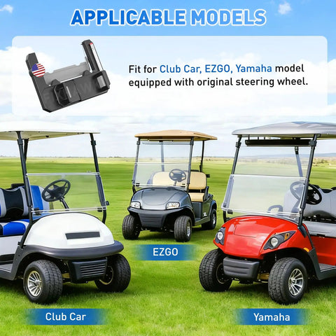 Kickass Flip Up Golf Cart Steering Wheel Cell Phone Mount on golf carts, fits Club Car, EZGO, Yamaha for hands-free course navigation.