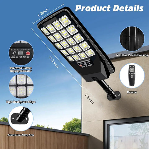 Two Pack Heavy Duty Solar Street Lights Waterproof Outdoor Lighting Cranks Out Serious Brightness With 6500K Daylight Led Beams And Wide Angle Coverage For Parking Lots Or Yards Includes Motion Sensor Remote And Dusk To Dawn To Light Up The Block