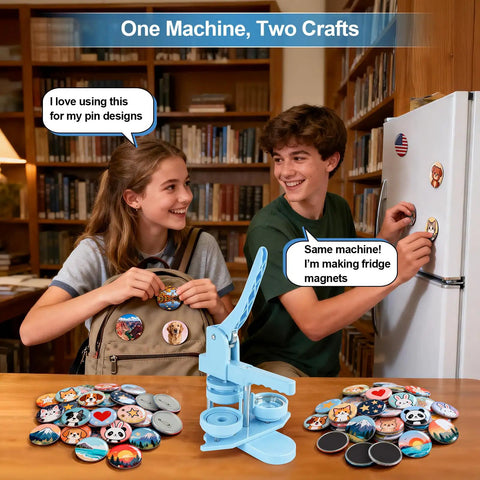 2 In 1 Button And Magnet Maker Machine Kit 58mm DIY Badge And Fridge Magnet Creator Bundle With 50 Badge Parts And 50 Magnet Making Supplies For Easy Custom Badges At Home, blue metal press on table