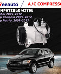 Premium Ac Compressor With Integrated Clutch For Jeep Compass Caliber Patriot 2009 To 2017 displayed over a black SUV image.