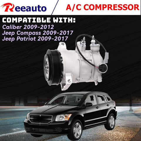 Premium Ac Compressor With Integrated Clutch For Jeep Compass Caliber Patriot 2009 To 2017 displayed over a black SUV image.