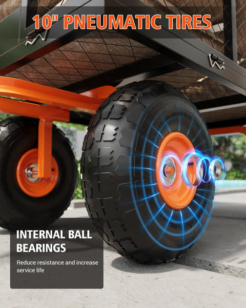 Close-up of 10-inch wheels on Heavy Duty Steel Garden Cart With 500 Lbs Capacity 3 In 1 Pullable Wagon, showcasing internal ball bearings.