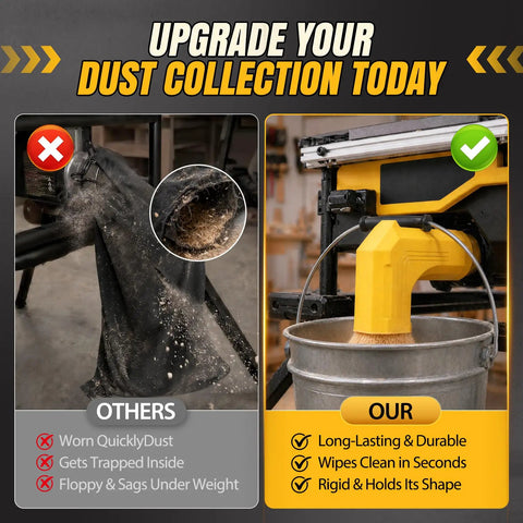 Comparison of traditional dust bags versus Table Saw Dust Collector Adapter For DWE7485 2.5 Inch Port Snap On Design with dual hooks in use.