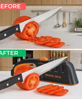 Before and after use of Multi Angle Knife Sharpener With Five Angle Settings And Three Stage System For Home Cooks on tomato