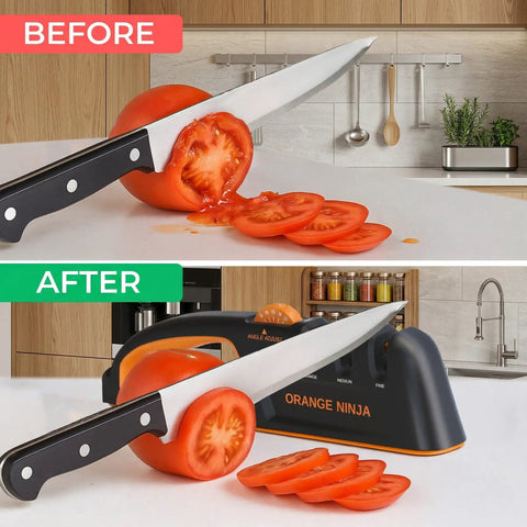 Before and after use of Multi Angle Knife Sharpener With Five Angle Settings And Three Stage System For Home Cooks on tomato