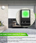 Wall Mount Garage Door Control Panel Switch For Plug And Play Opener Setup installed on garage wall with green backlit display.