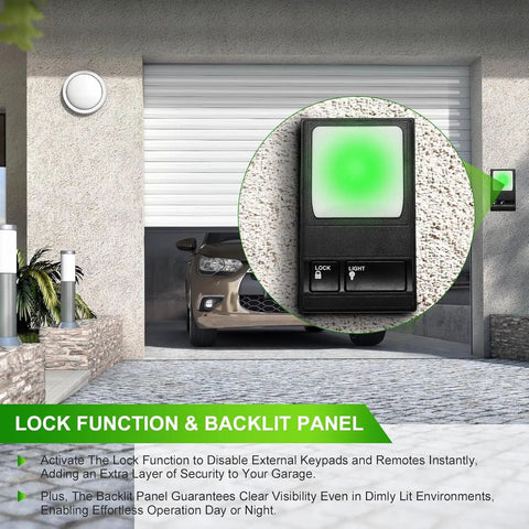 Wall Mount Garage Door Control Panel Switch For Plug And Play Opener Setup installed on garage wall with green backlit display.