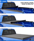 Soft Roll-Up Tonneau Cover for Ram 1500 2019 to 2026 installation, T1 Style, fits 5 foot 7 inch bed, shown in stages on blue truck